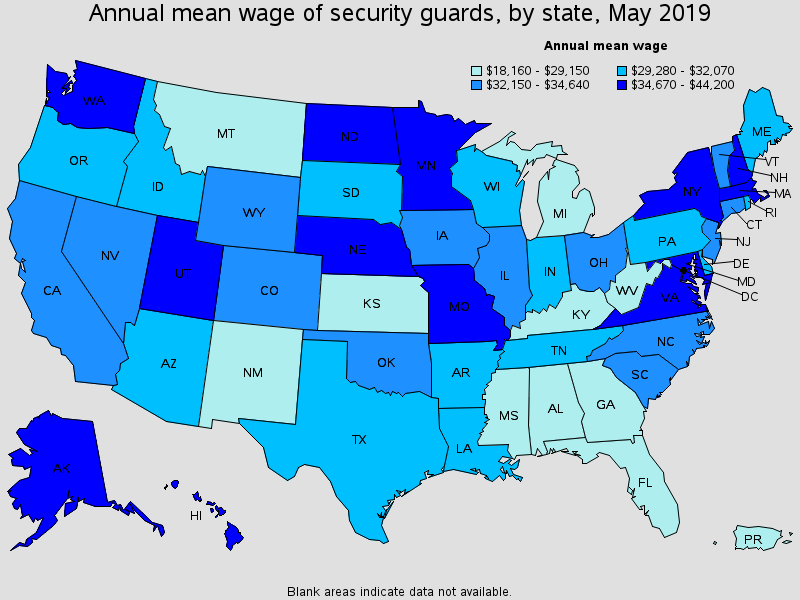 graph of annual mean wage of security guards by state in may 2019