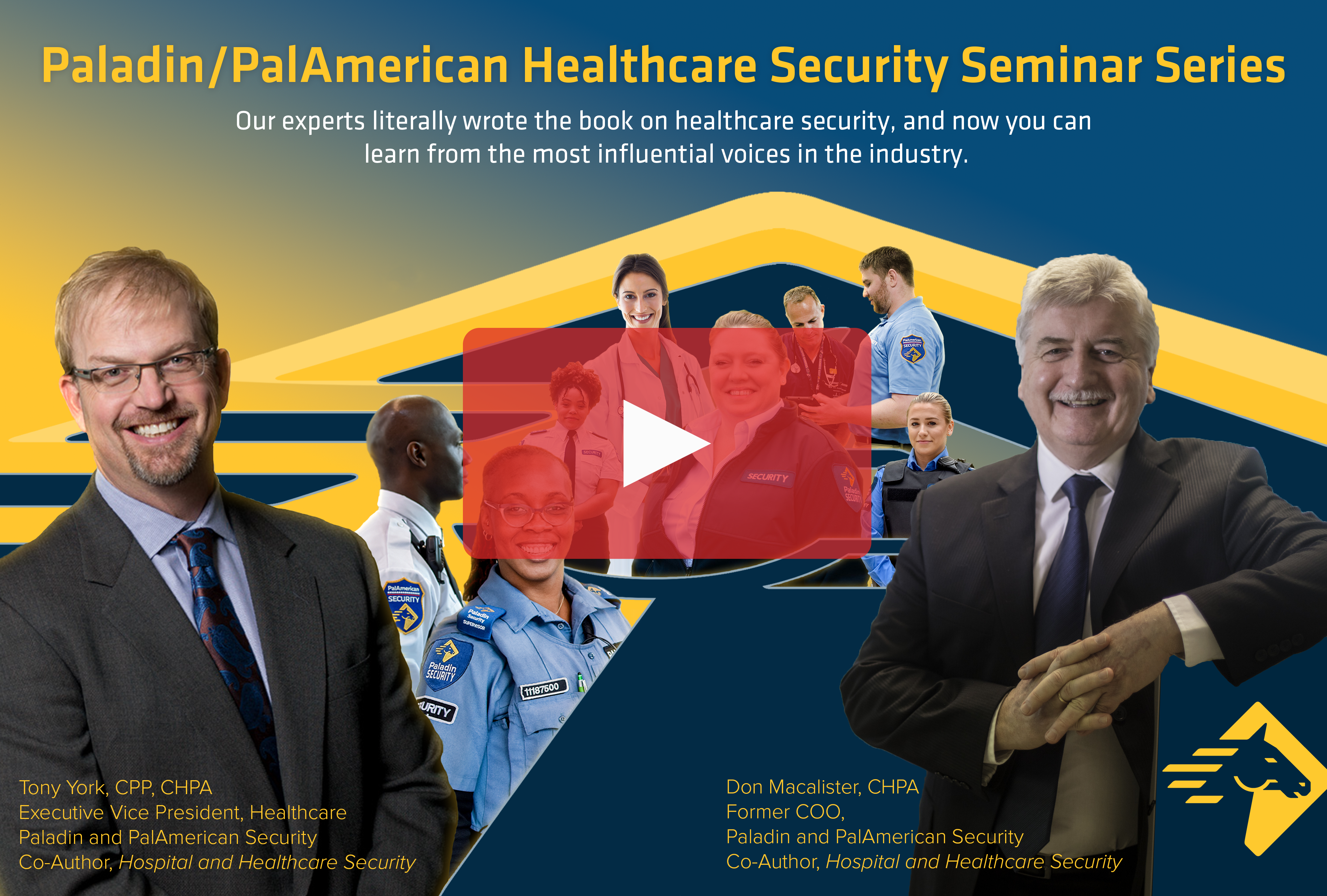 Image of the Don MacAlister and Tony York standing in front of Paladin Security Guards in a healthcare setting