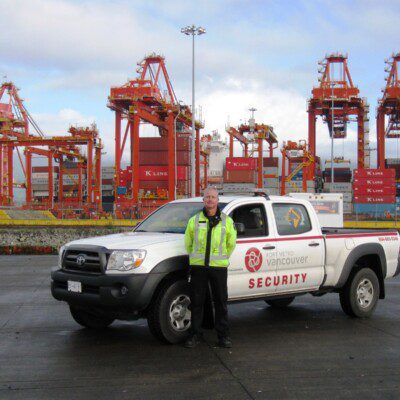 Security guard patrolling a marine port